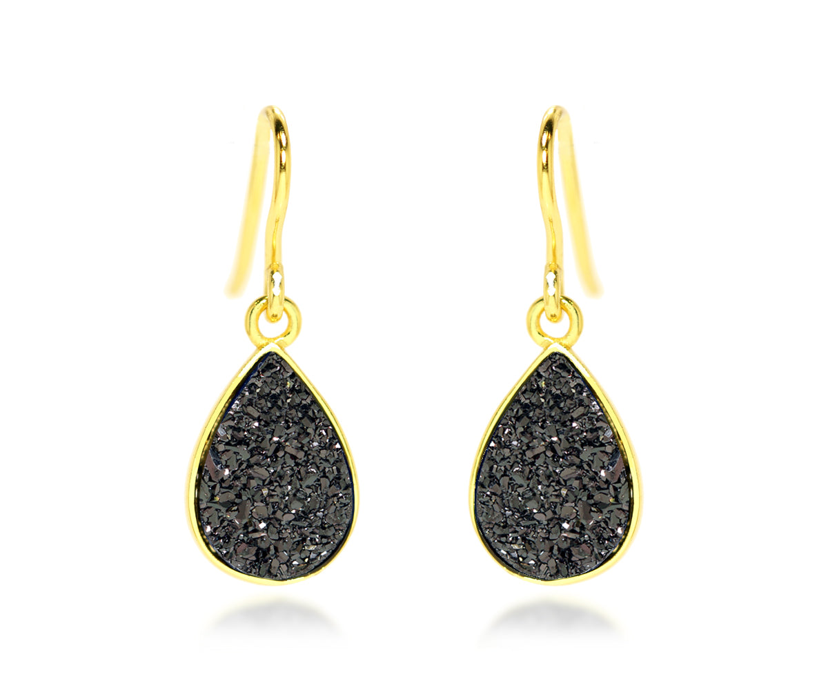 Small Teardrop Black Druzy 14K Vermeil Earrings