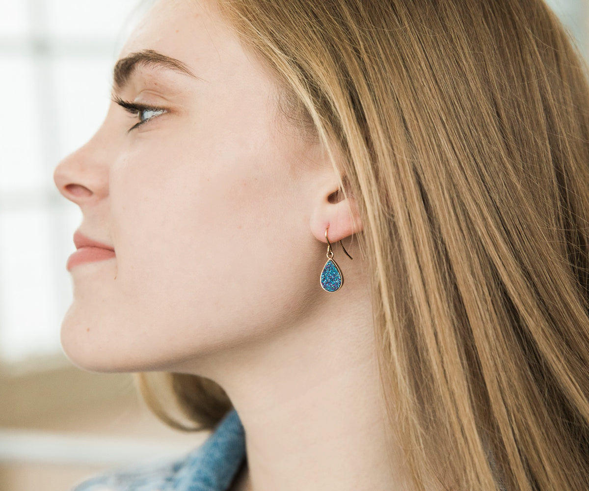 Small Teardrop Purple Rainbow Druzy Earrings