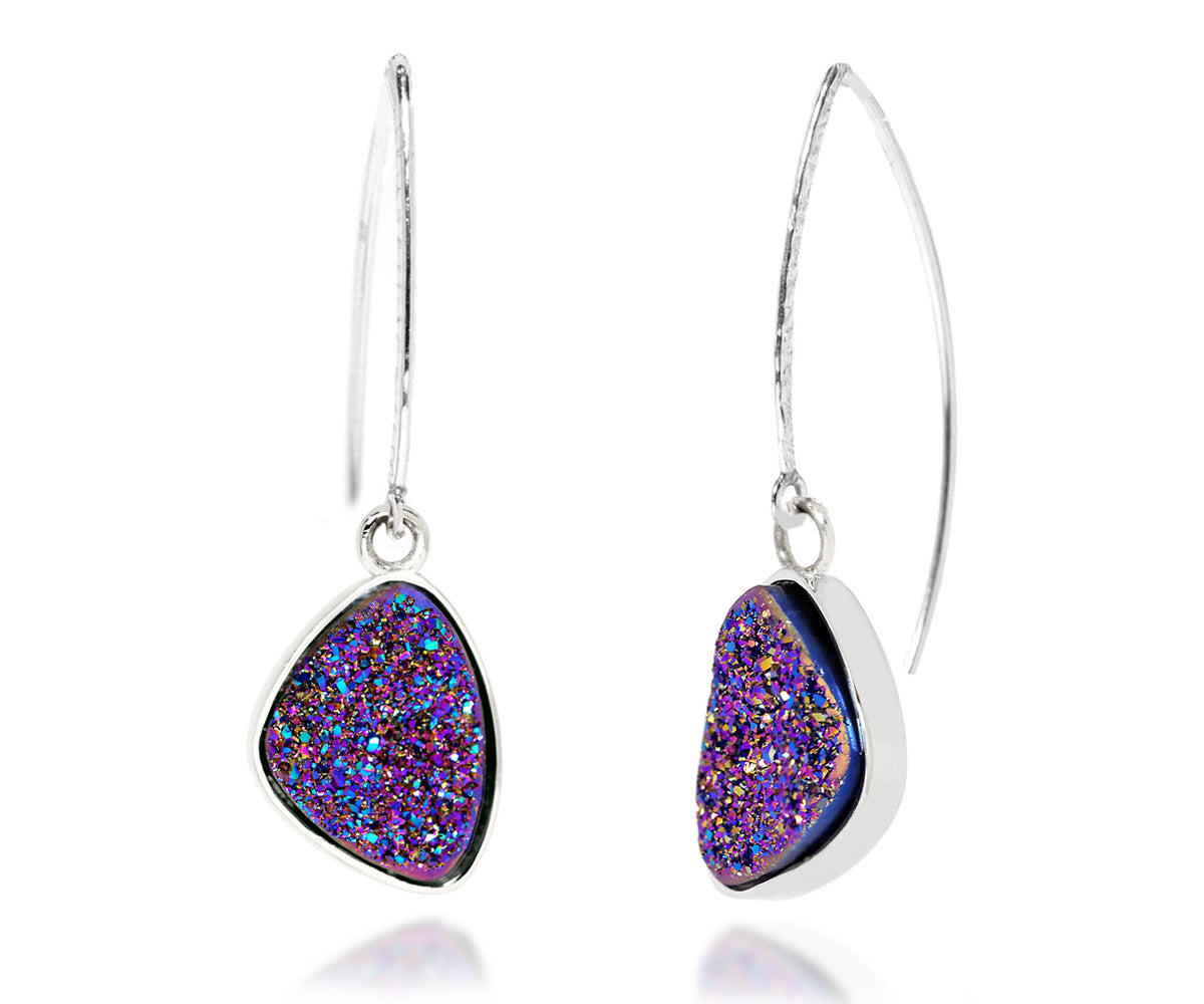 long hammered earwire purple rainbow druzy trillion womans drusy silver earrings