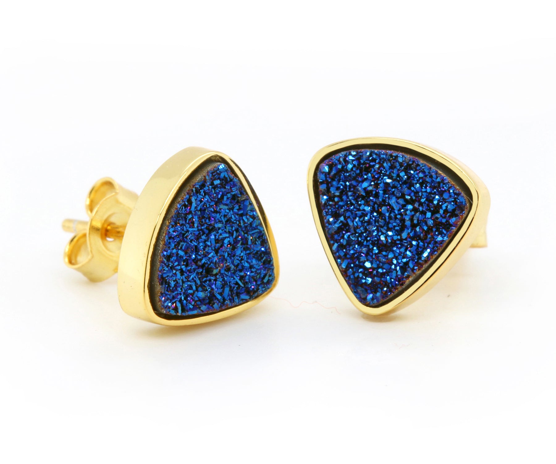 Small Triangle Black Druzy Gold Stud Earrings