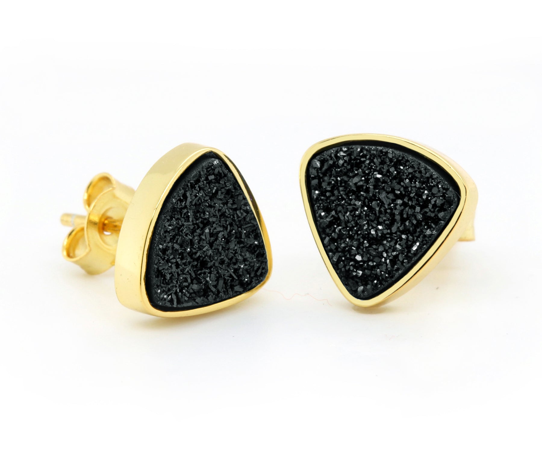 Small Triangle Black Druzy Gold Stud Earrings