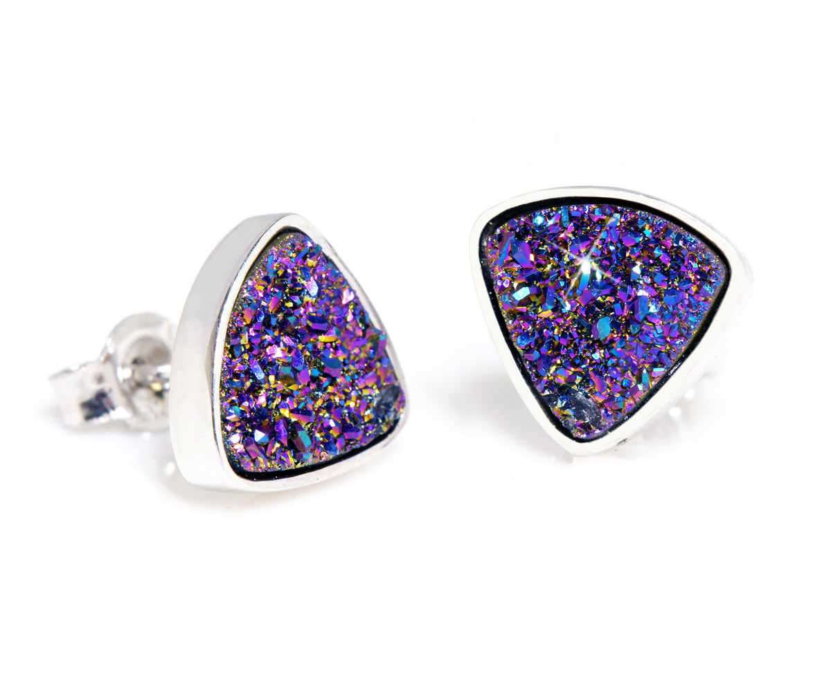 Small Triangle Purple Rainbow Druzy Stud Earrings