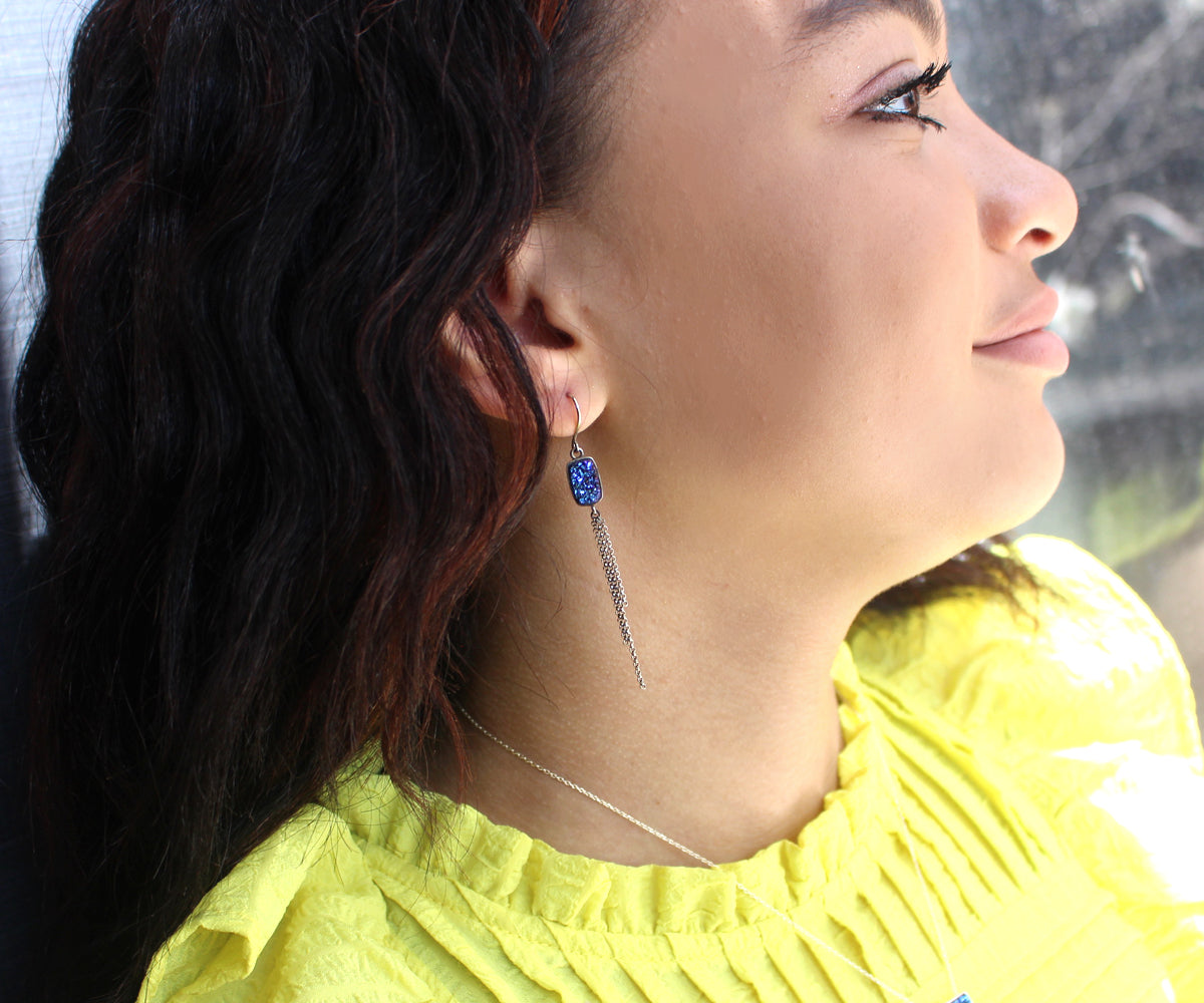 Dangling Chain Purple Rainbow Druzy Earrings