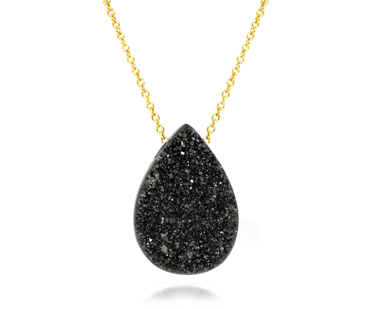 Collar mediano de drusa negra en forma de lágrima de 14 k