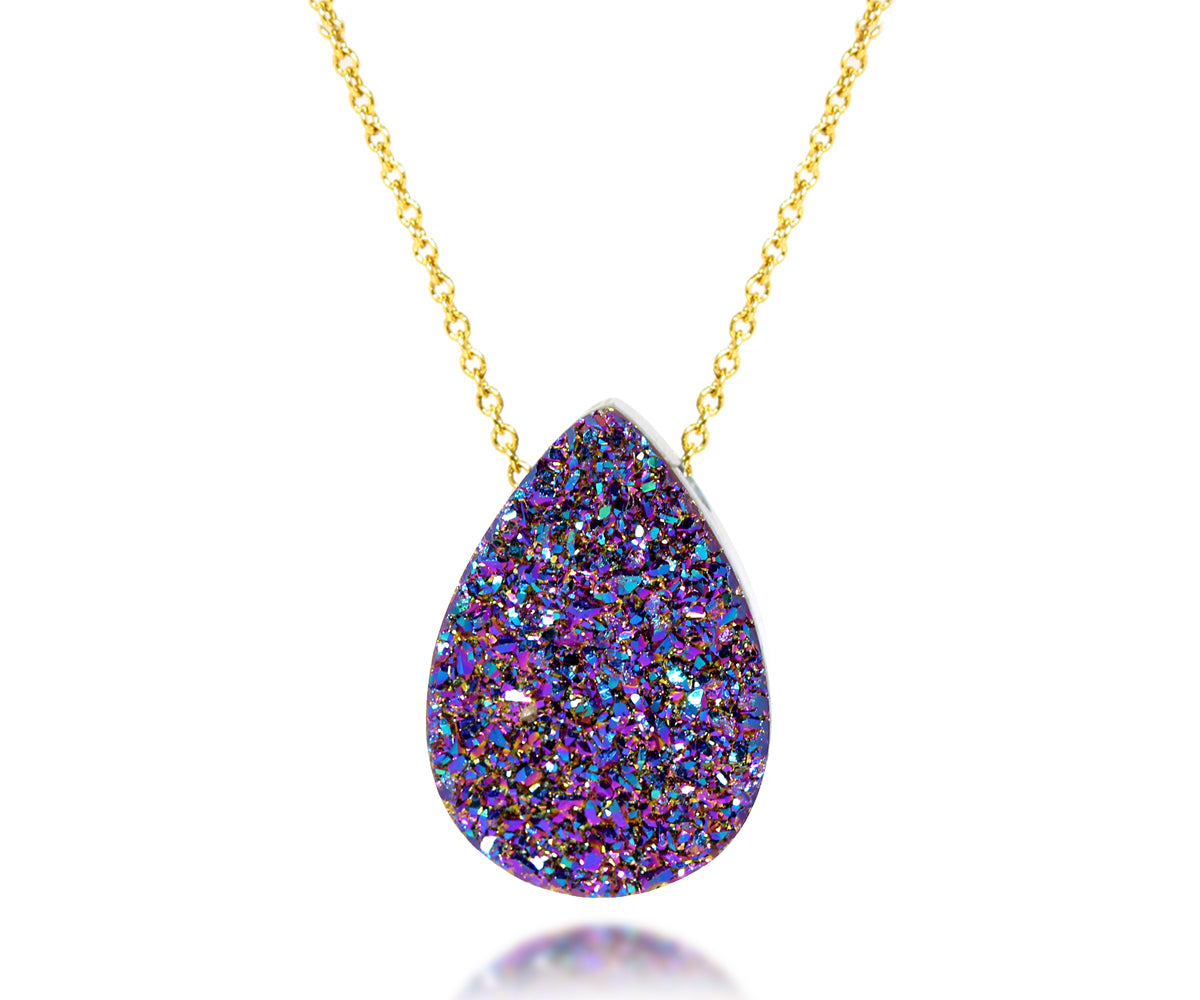 Medium teardrop purple rainbow druzy fashion drusy yellow gold vermeil necklace