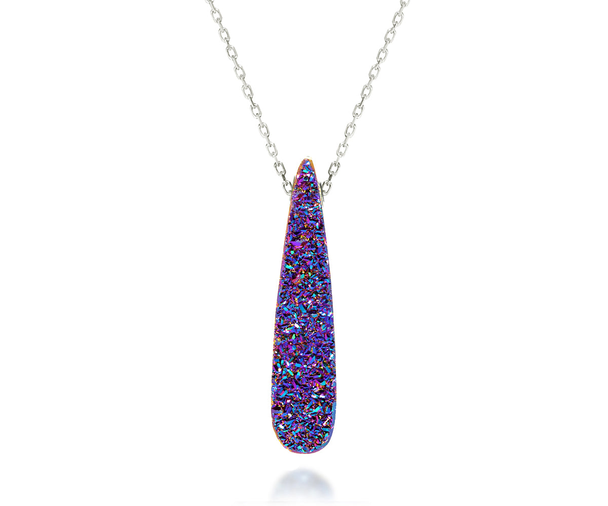 elongated medium teardrop titanium purple rainbow druzy quartz necklace fashion drusy