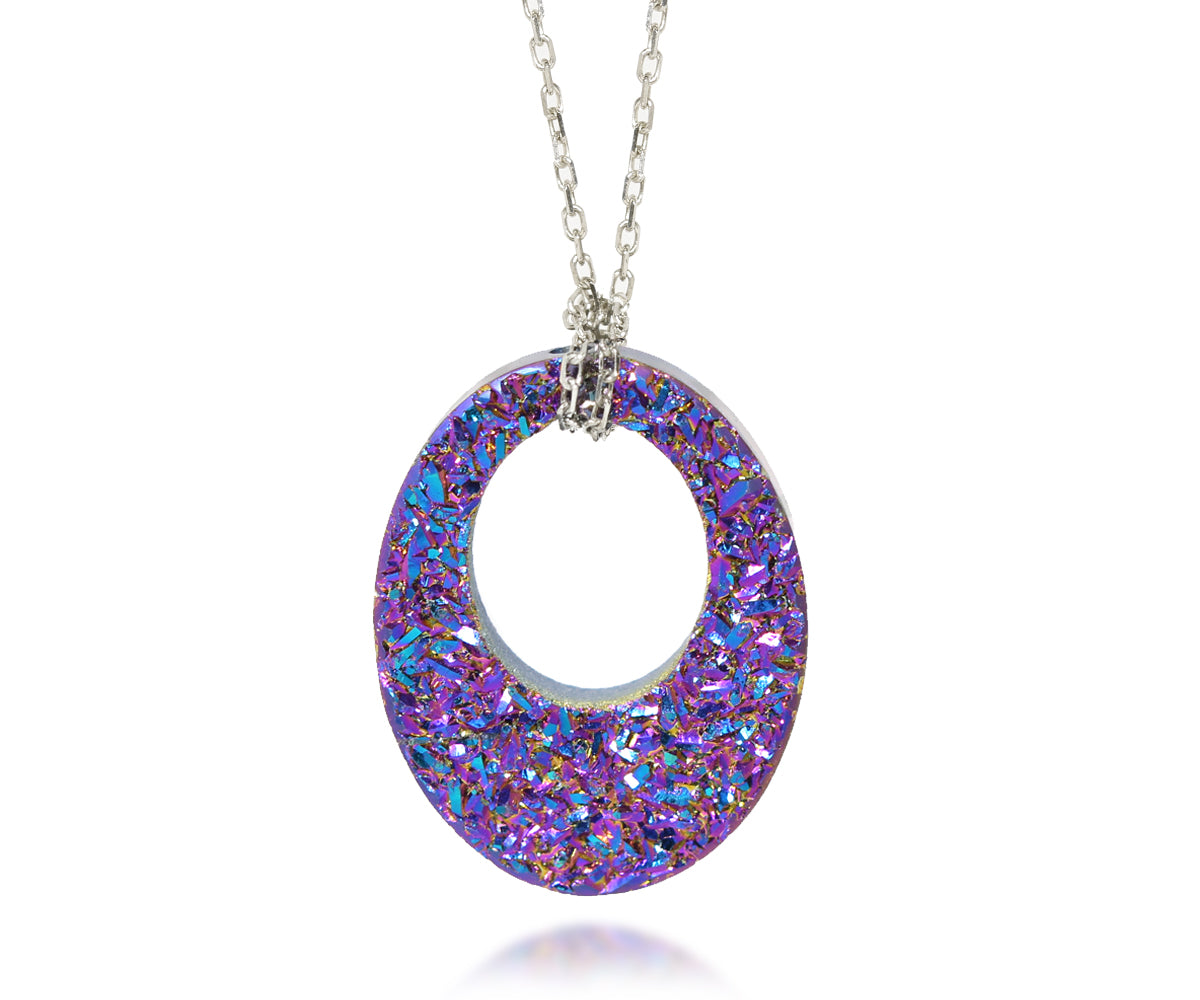 Ambrosia open oval purple rainbow druzy quartz fashion silver drusy necklace