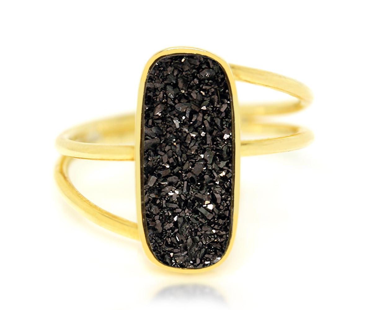 Ambrosia black druzy double twist yellow gold fashion drusy ring