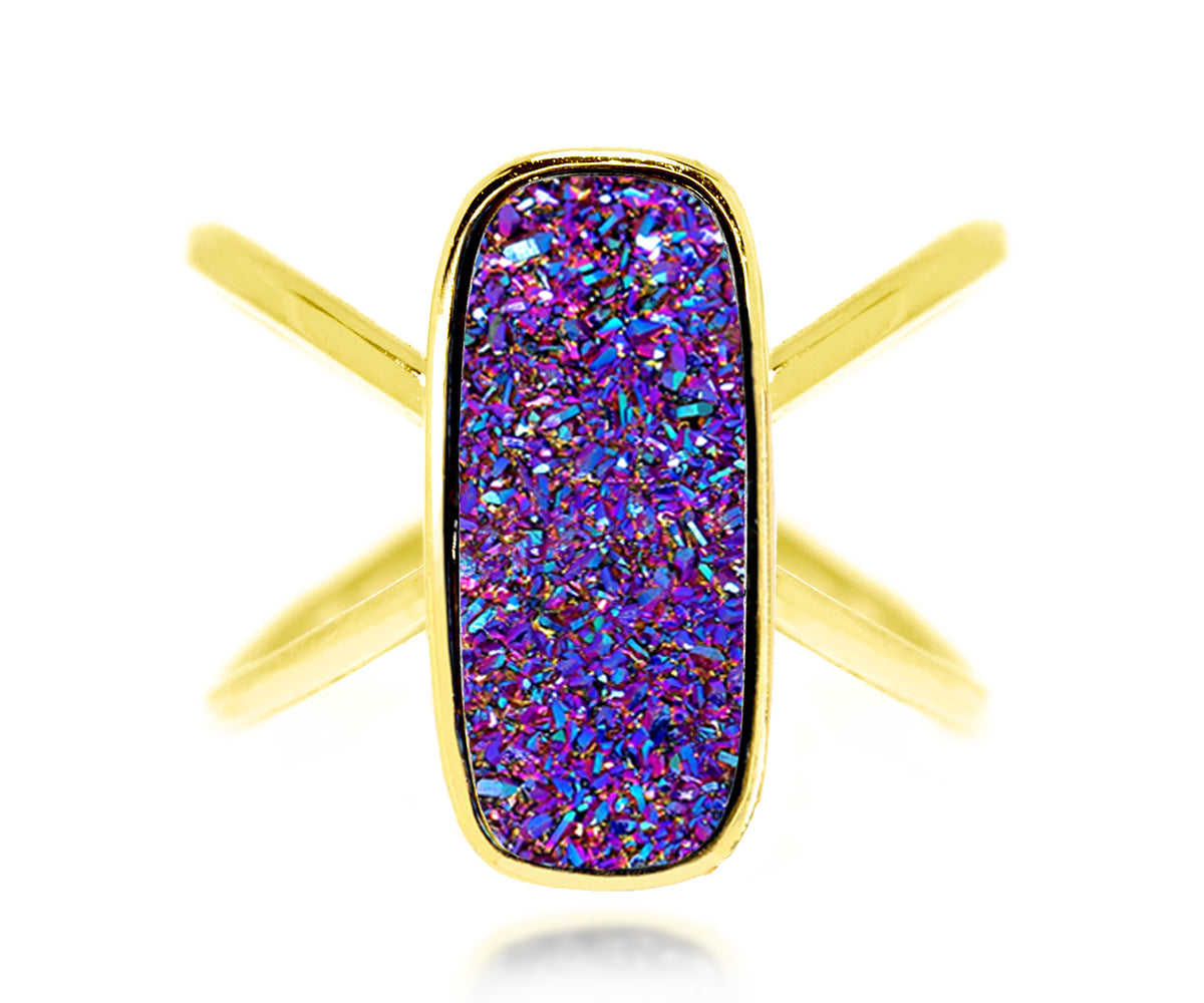 Ambrosia purple rainbow druzy rectangle criss cross gold fashion drusy ring