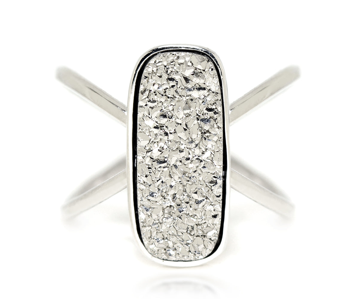 Ambrosia platinum druzy rectangle criss cross fashion drusy sterling silver ring
