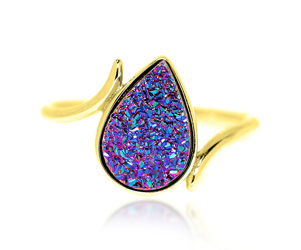 Fashion purple rainbow titanium druzy womens gold vermeil ring