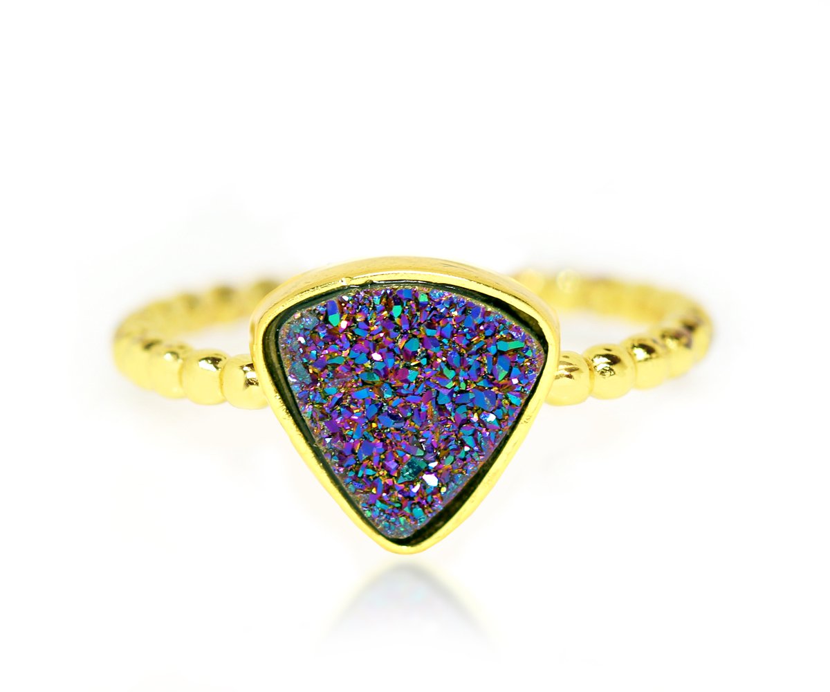 Ambrosia small triangle purple rainbow druzy beaded gold drusy ring