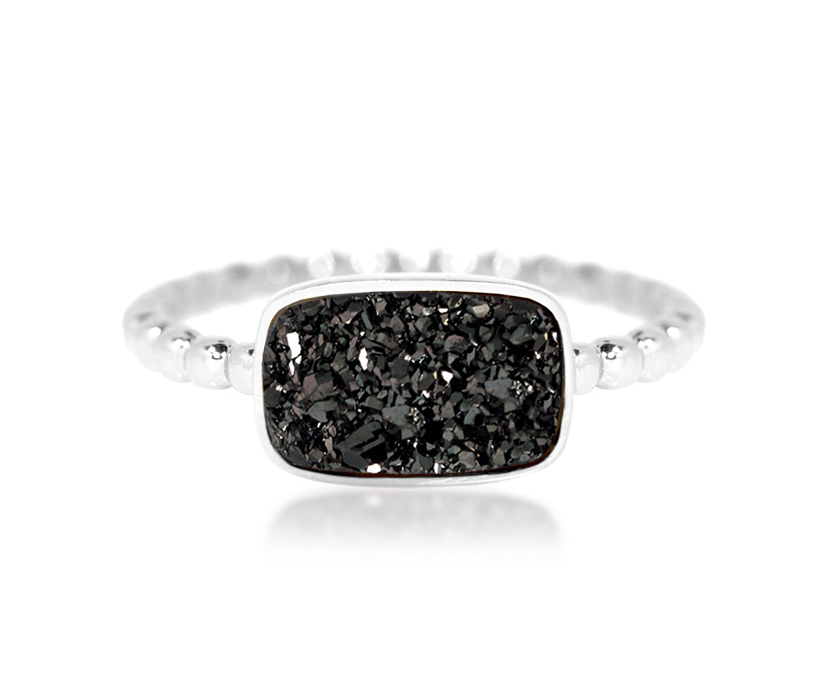 small horizontal rectangle black druzy quartz beaded sterling silver drusy ring