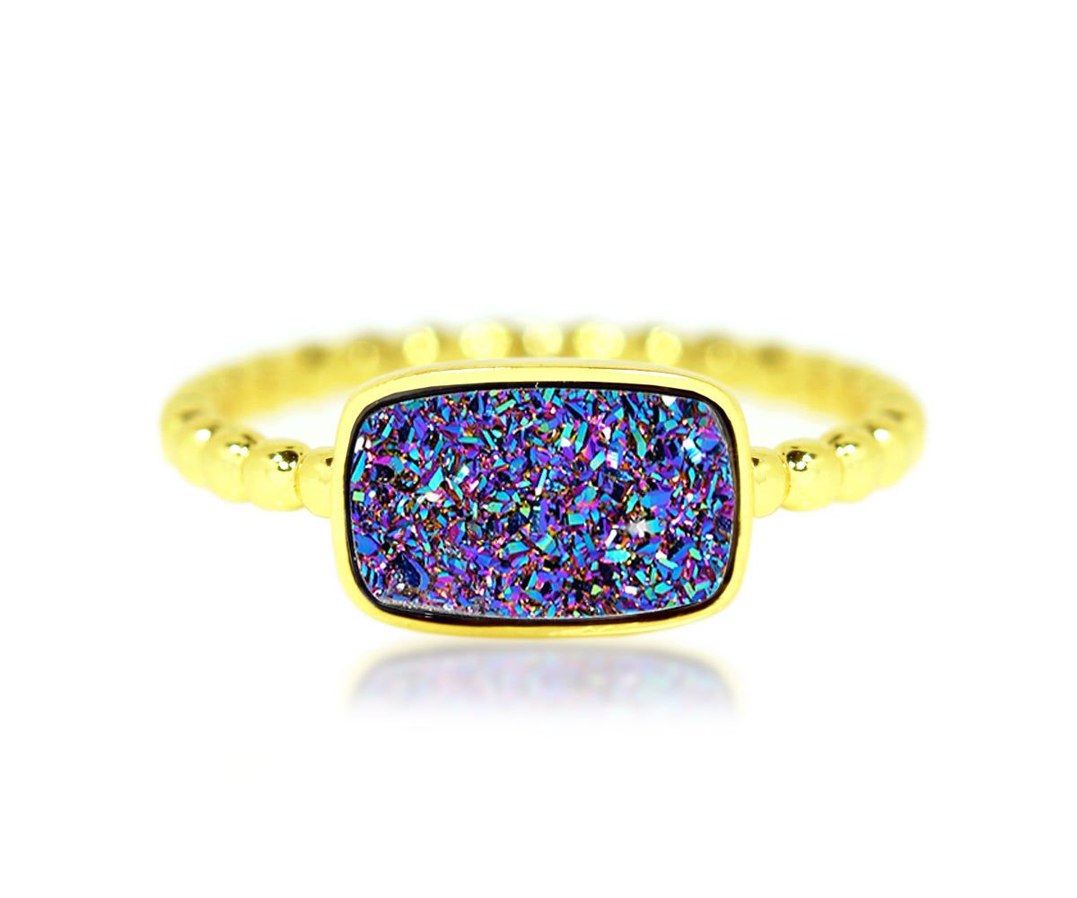 Ambrosia purple rainbow druzy small rectangle vermeil gold drusy fashion ring