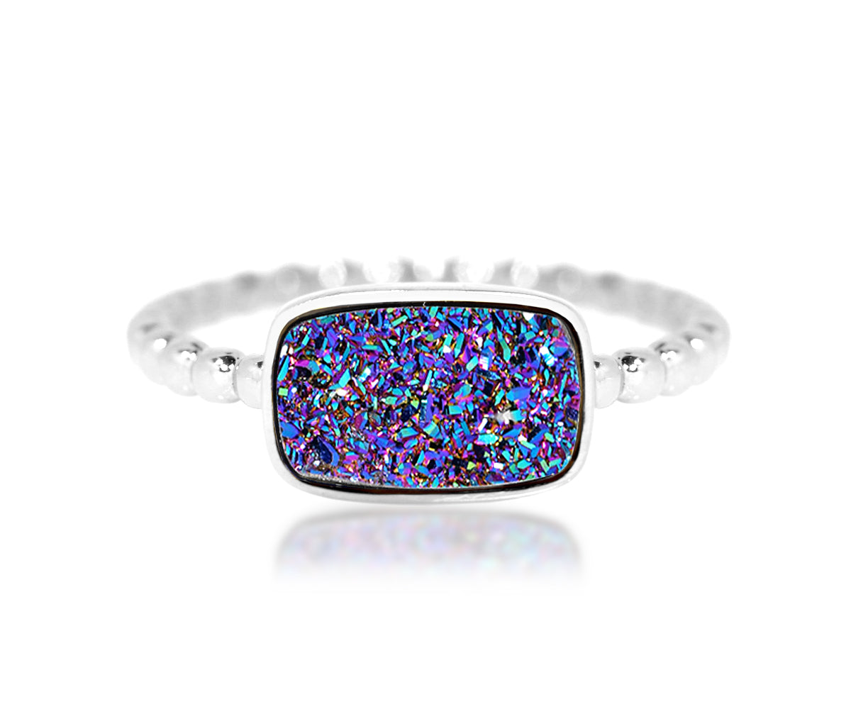 Ambrosia fashion sterling silver purple rainbow druzy quartz stacking ring