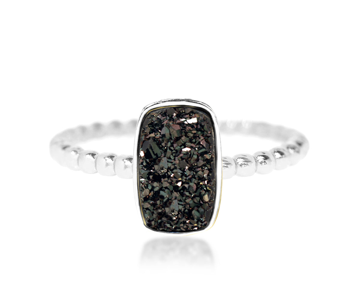 Stacking beaded small rectangle black druzy sterling silver drusy ring