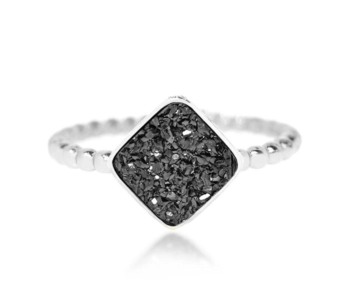 square bezel simple beaded black druzy sterling silver drusy ring