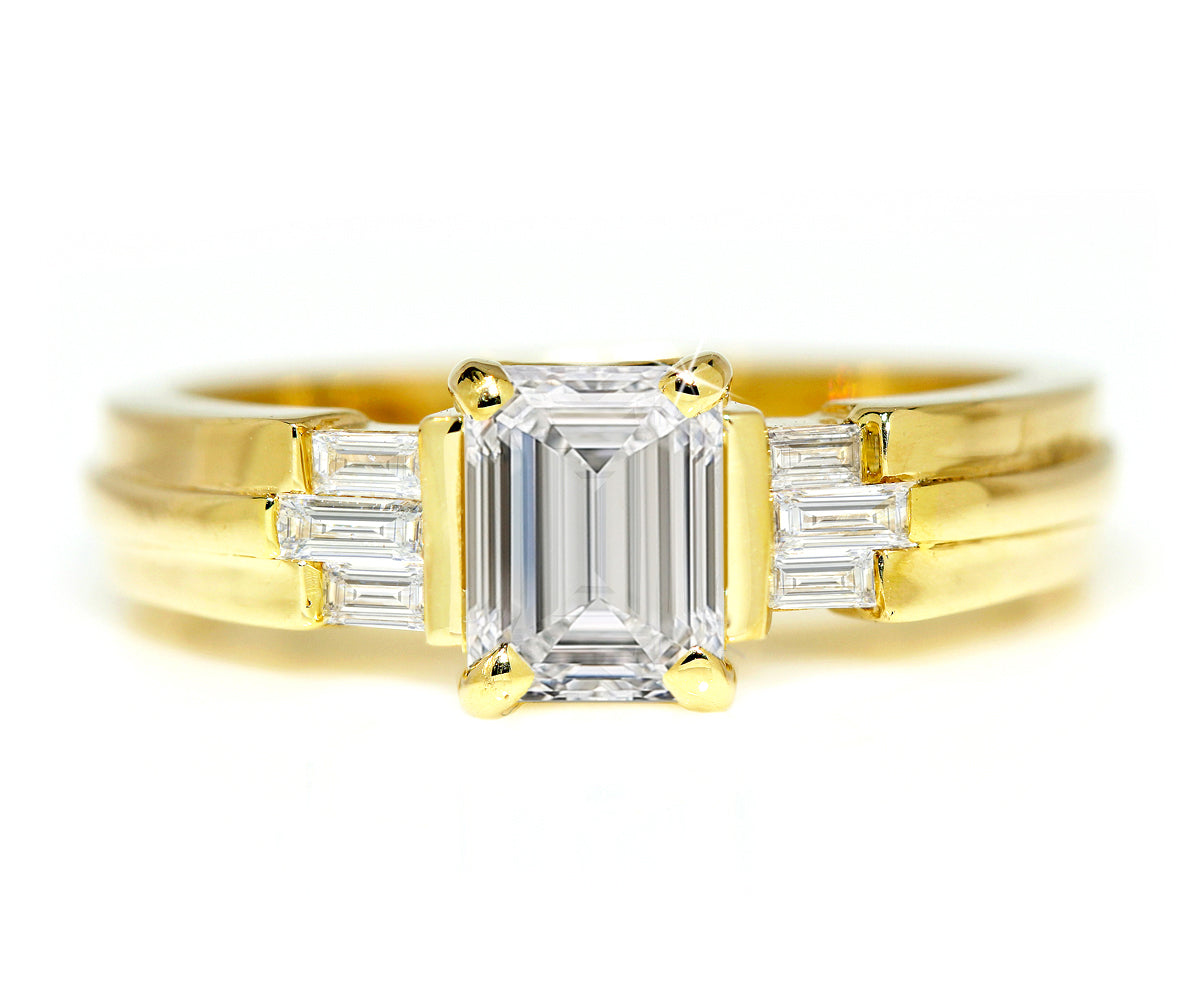 emerald cut diamond baguette yellow gold wedding ring