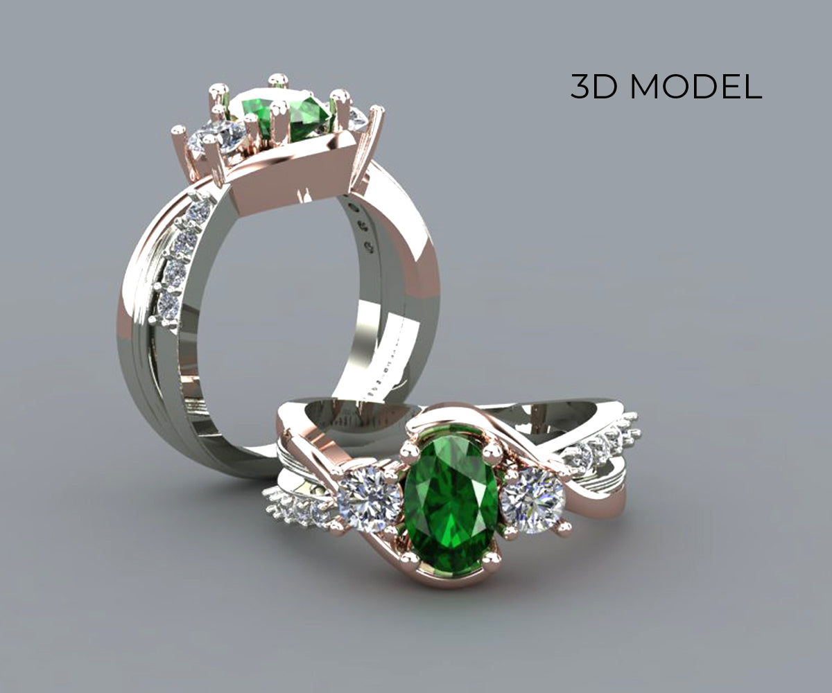 Anillo de oro rosa curvado con diamantes y tres piedras esmeralda