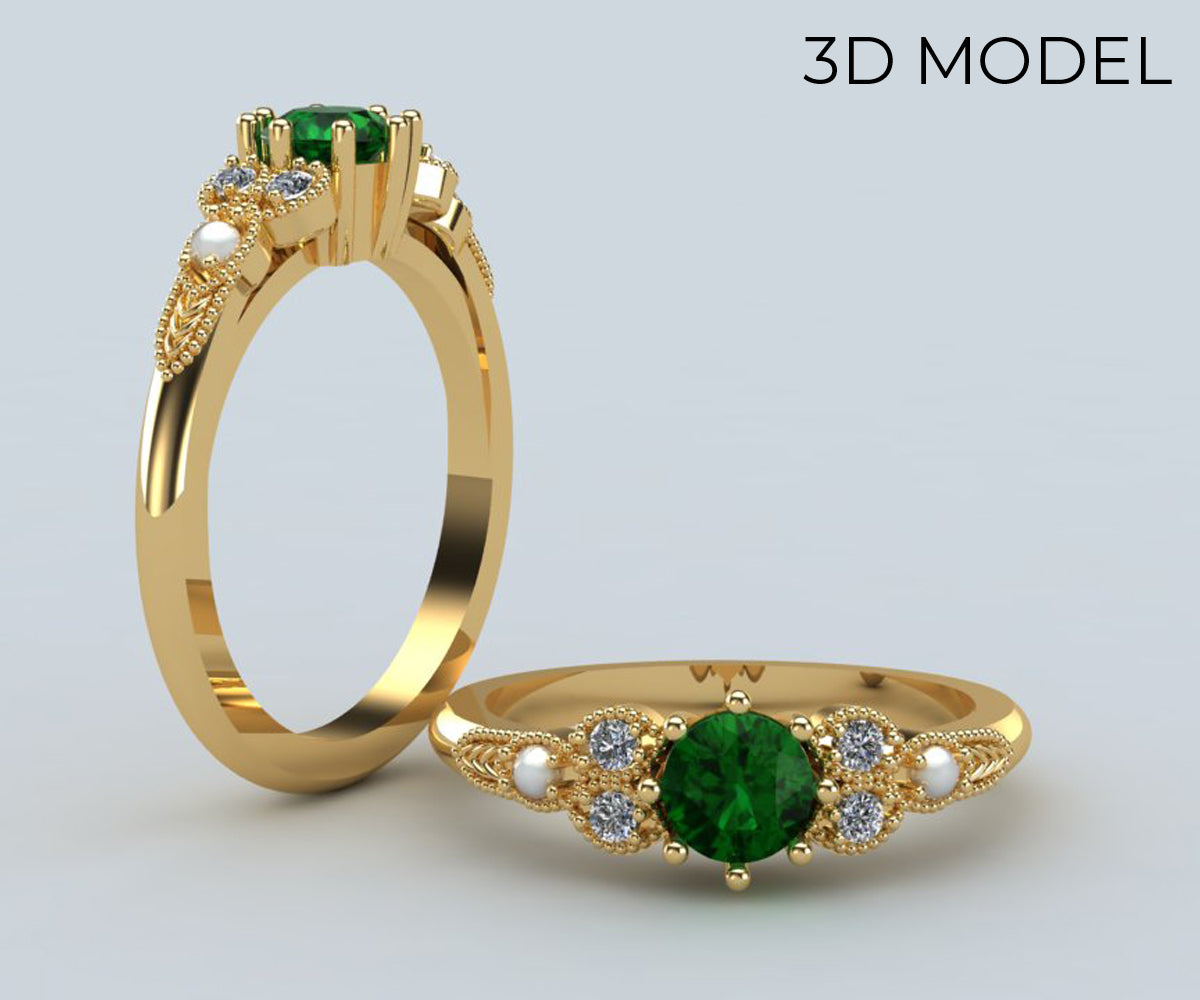 Vintage Emerald Diamond Pearl Engagement Ring