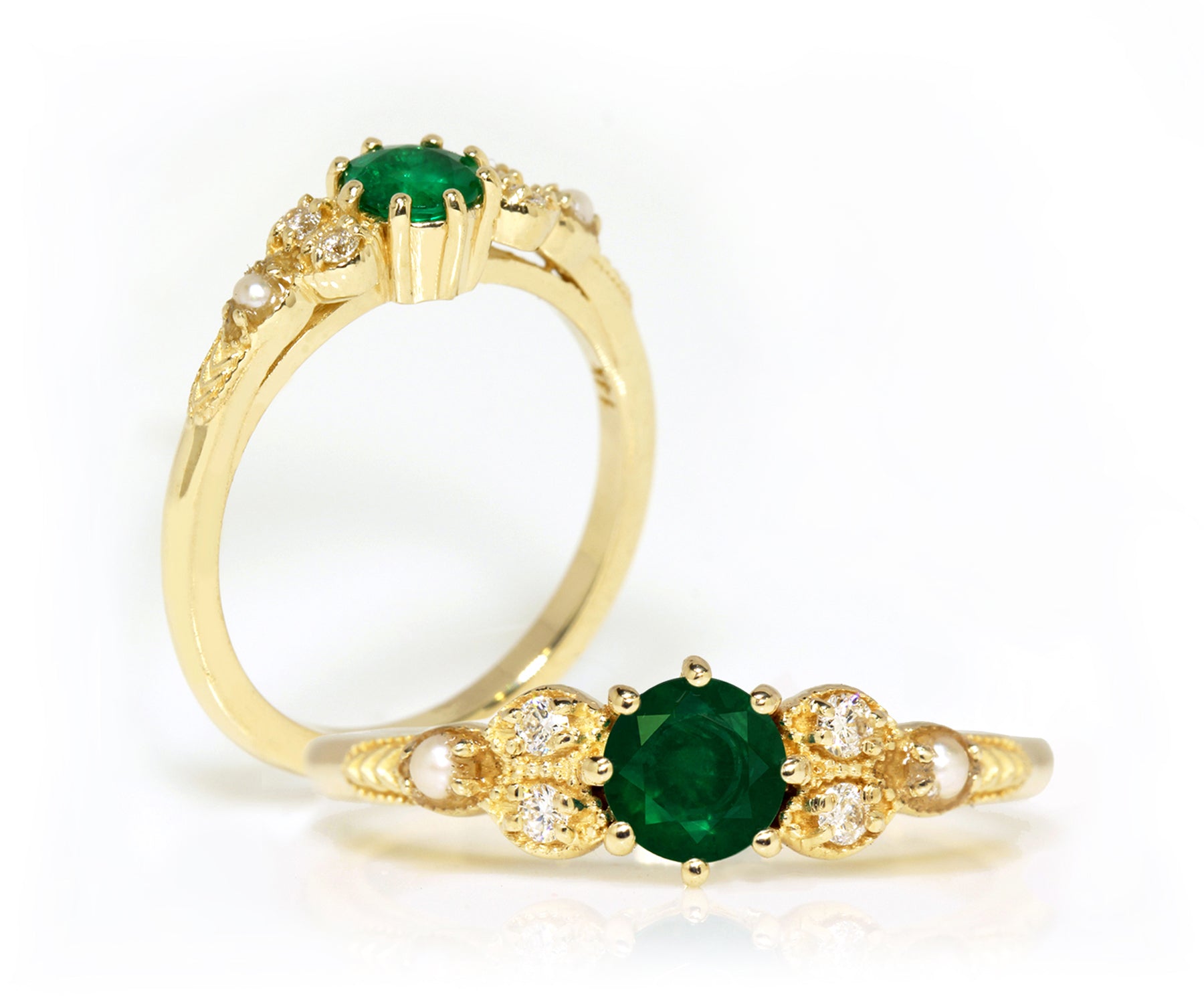 Vintage Emerald Diamond Pearl Engagement Ring