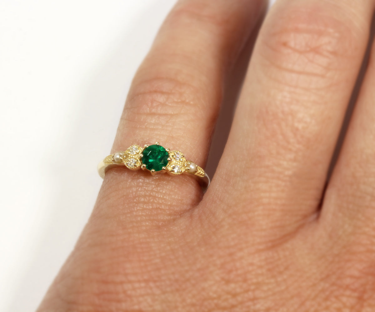 Vintage Emerald Diamond Pearl Engagement Ring