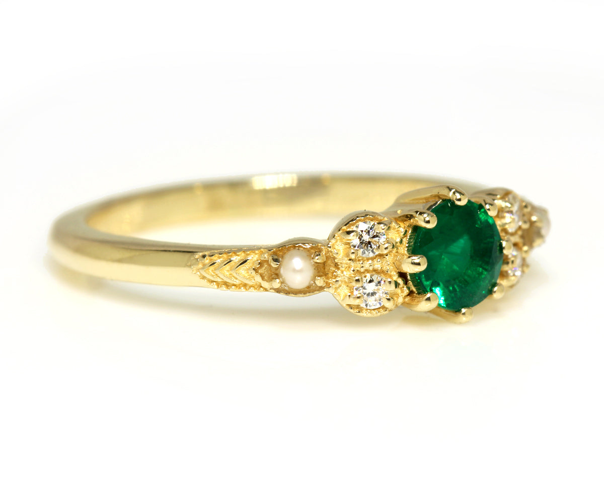 Vintage Emerald Diamond Pearl Engagement Ring
