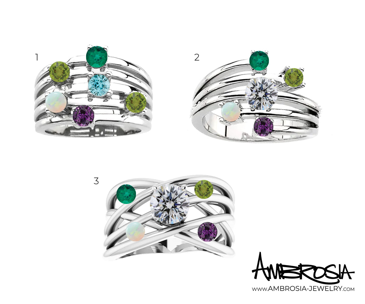 Anillo con piedra natal de la familia de la madre de varias filas con giro moderno