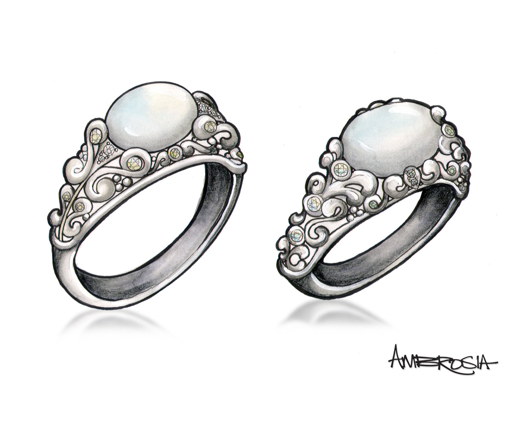 Intricate Vintage Swirl Moonstone Engagement Ring