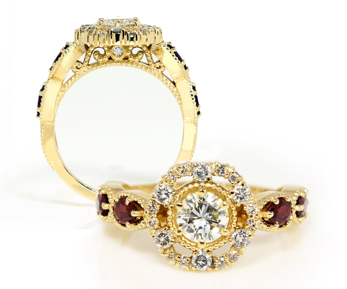 vintage floral halo diamond garnet custom yellow gold engagement ring