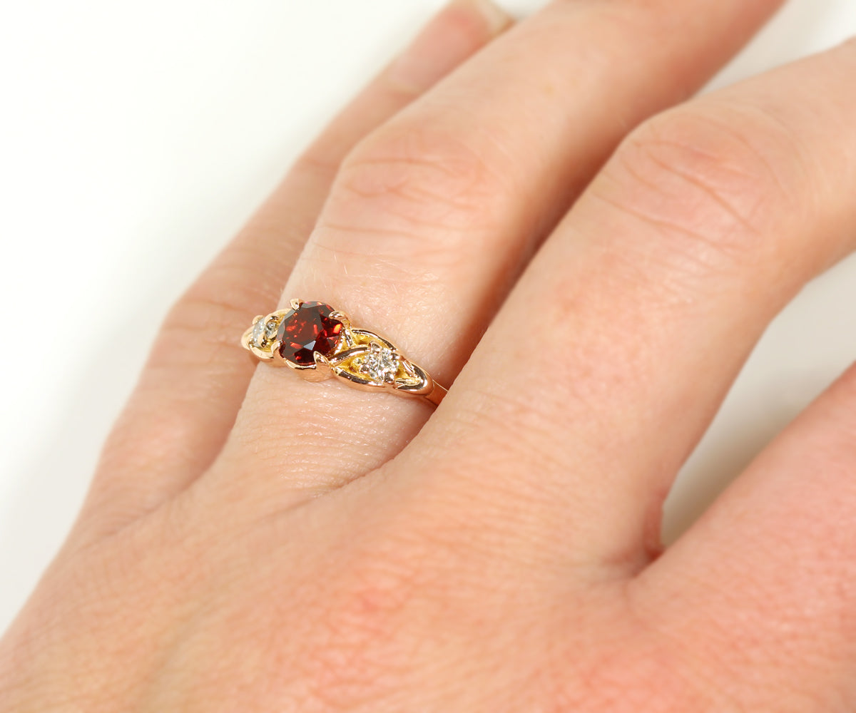Weave Knot Garnet Diamond Rose Gold Engagement Ring