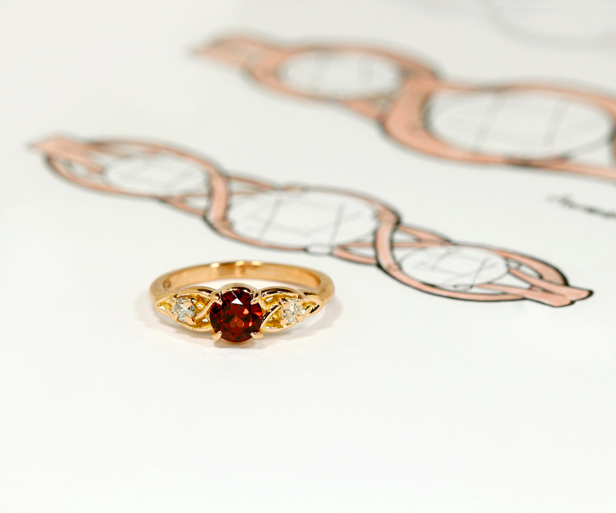 Weave Knot Garnet Diamond Rose Gold Engagement Ring