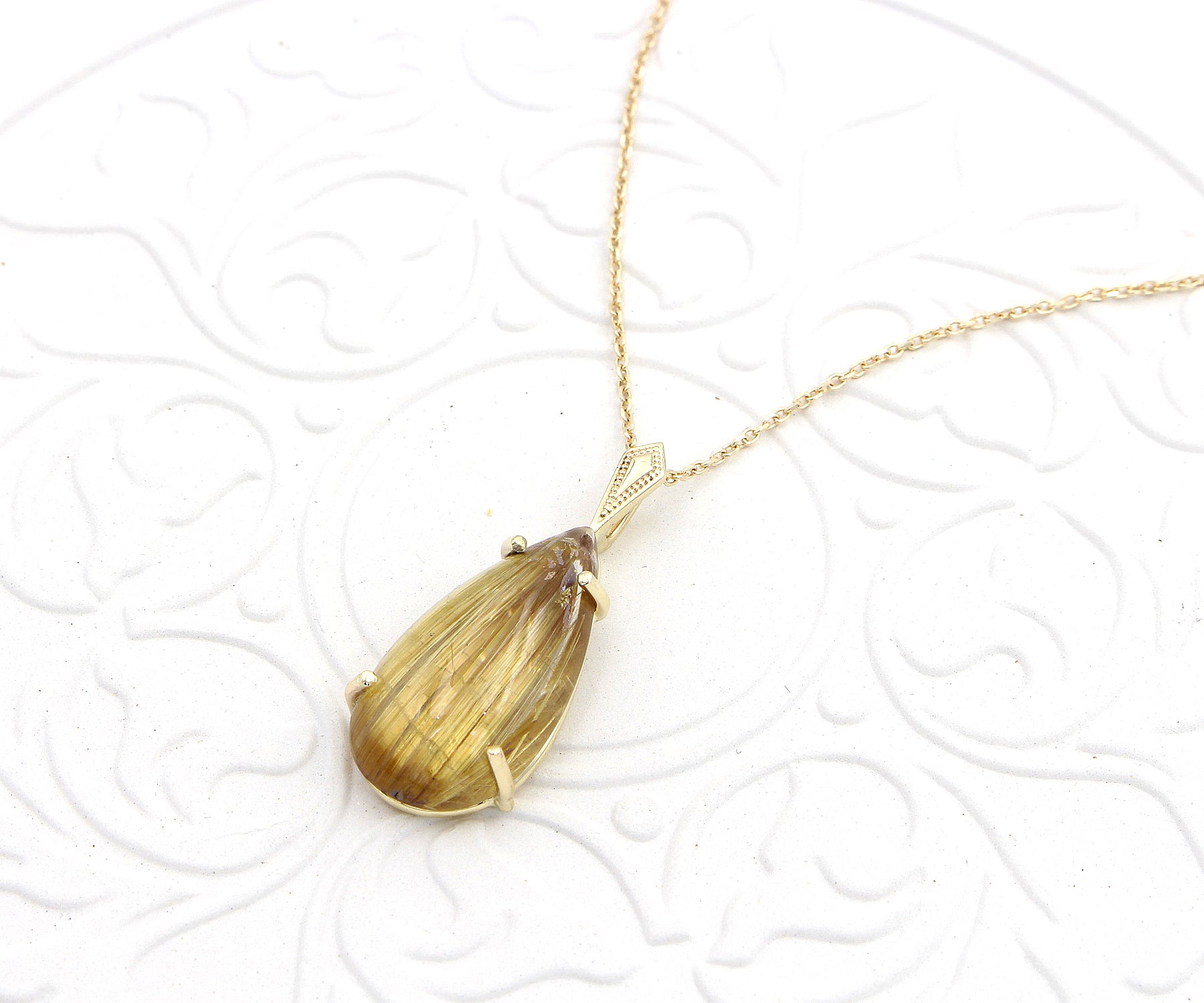 Golden Rutilated Quartz Small Teardrop Gold Necklace