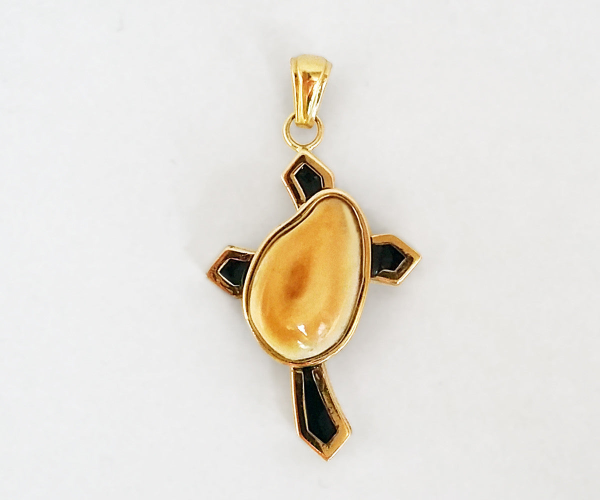 Elk Ivory Teeth Gold Cross Pendant