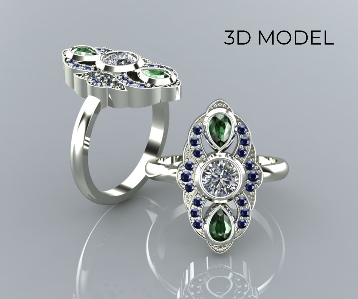 Vintage Inspired Blue Sapphire Tourmaline Diamond Engagement Ring