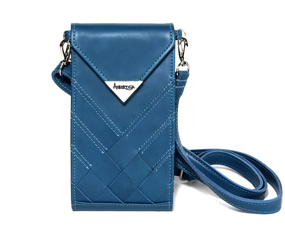 Criss-Cross Genuine Leather Prussian Blue Crossbody Handbag