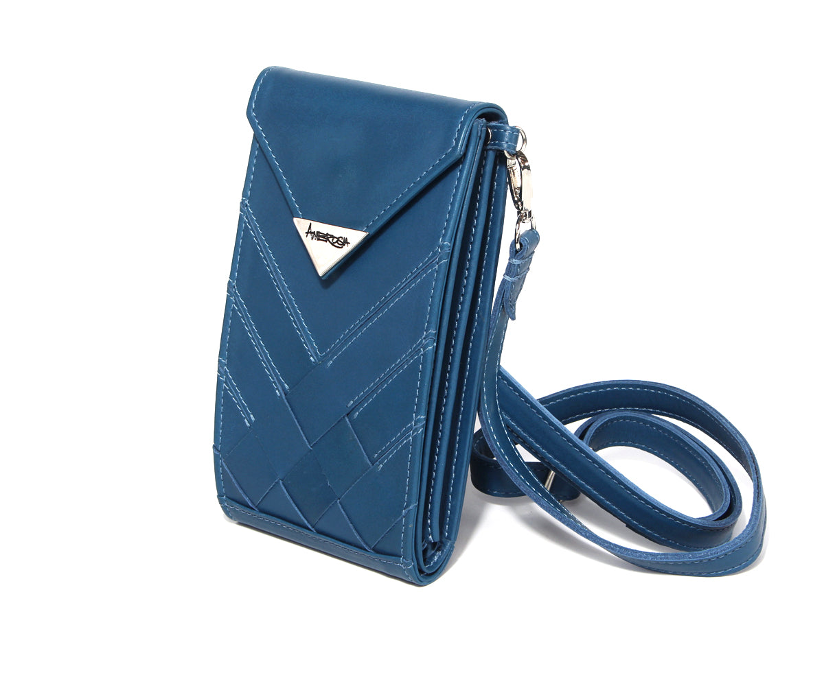 Criss-Cross Genuine Leather Prussian Blue Crossbody Handbag
