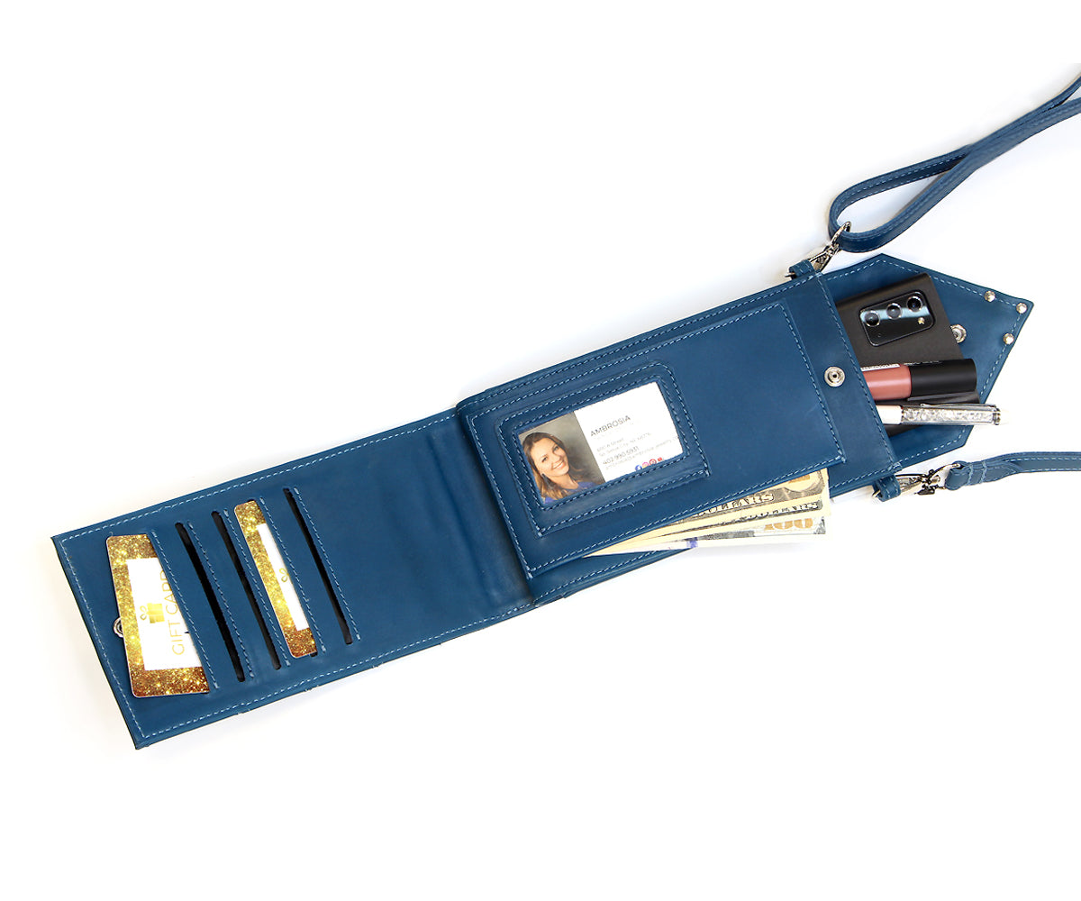 Criss-Cross Genuine Leather Prussian Blue Crossbody Handbag