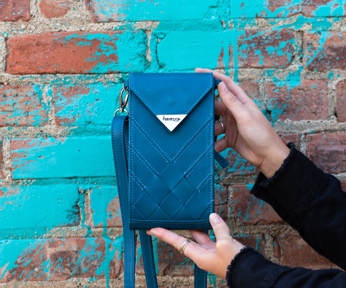 Criss-Cross Genuine Leather Prussian Blue Crossbody Handbag