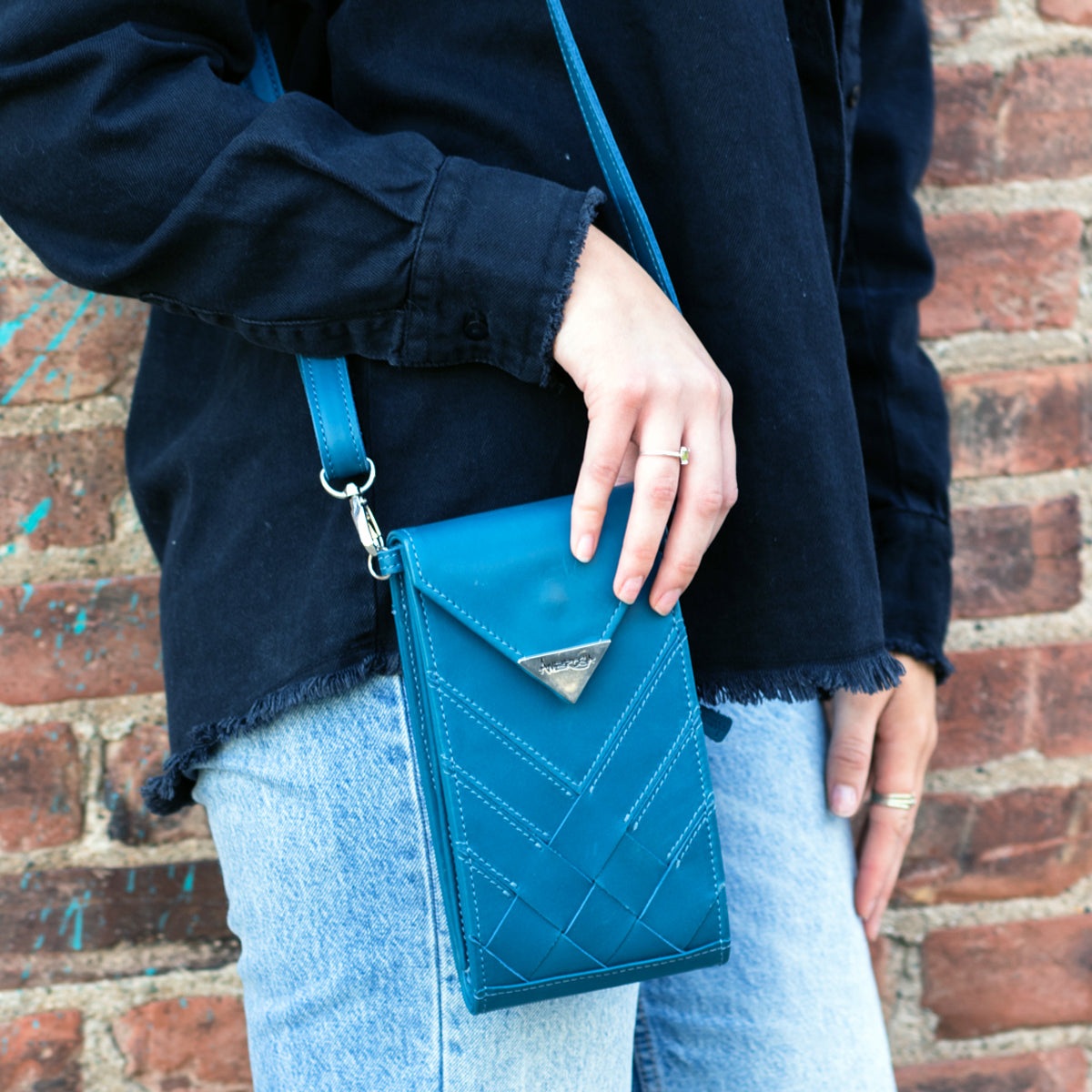 Criss-Cross Genuine Leather Prussian Blue Crossbody Handbag