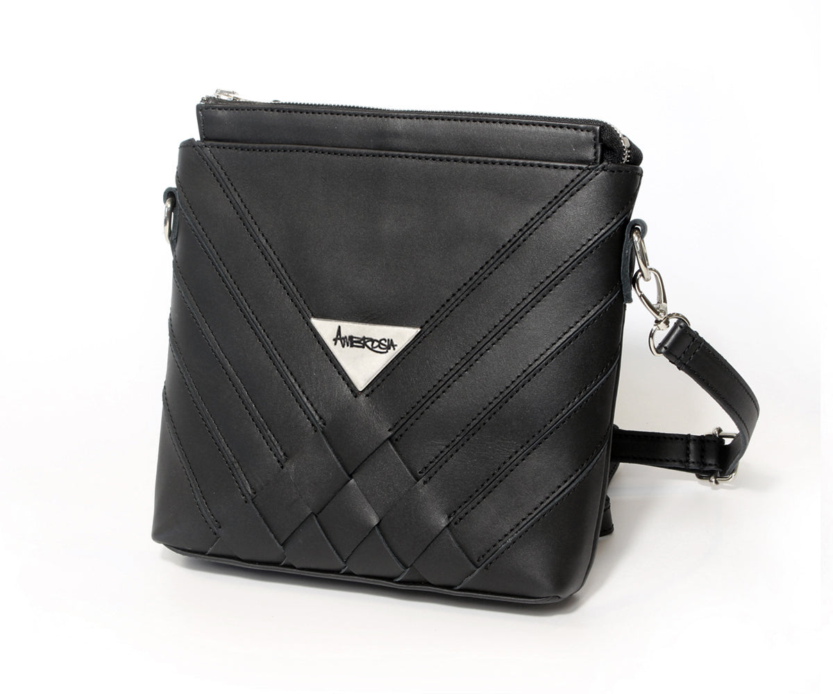 Criss-Cross Genuine Leather Matte Black Small Handbag