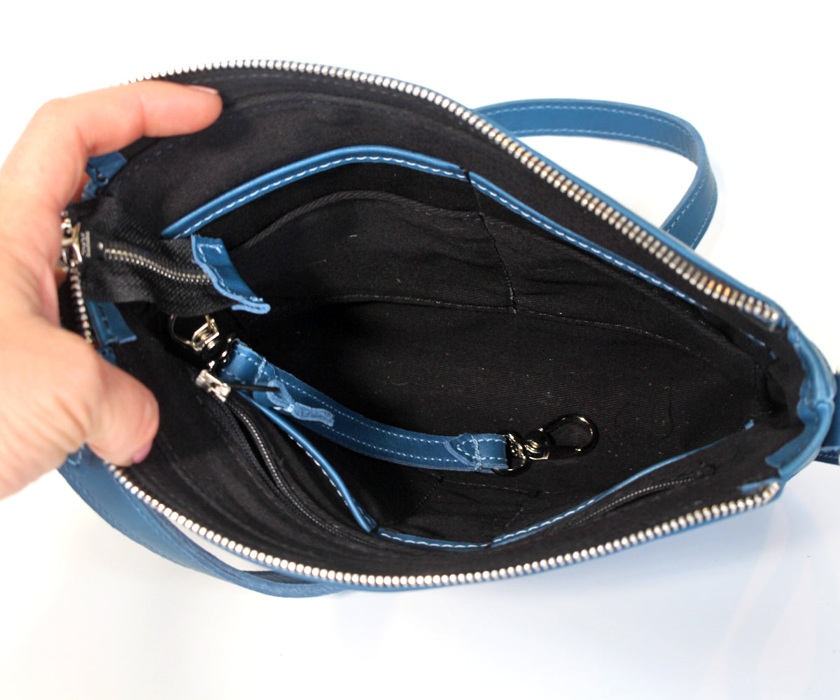 Criss-Cross Genuine Leather Prussian Blue Small Handbag