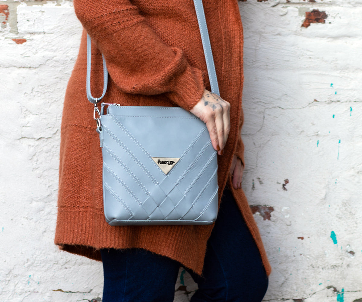 Criss-Cross Genuine Leather Galloper Gray Small Handbag