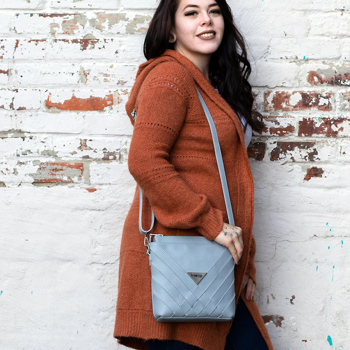 Criss-Cross Genuine Leather Galloper Gray Small Handbag