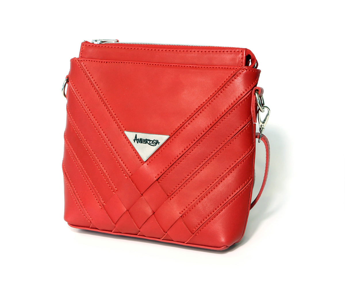 Criss-Cross Genuine Leather Lipstick Red Small Handbag