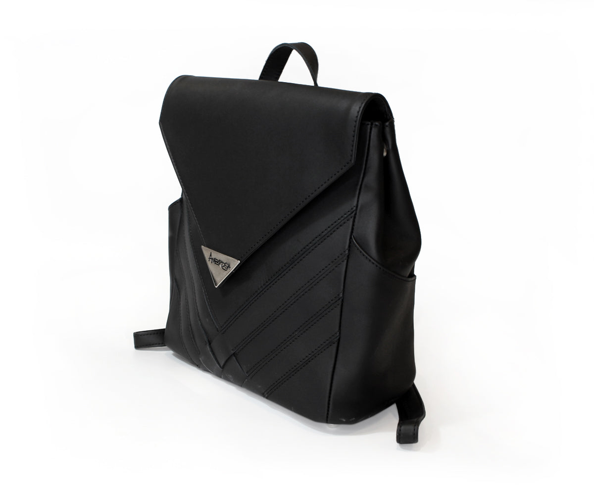 Criss-Cross Genuine Leather Matte Black Backpack