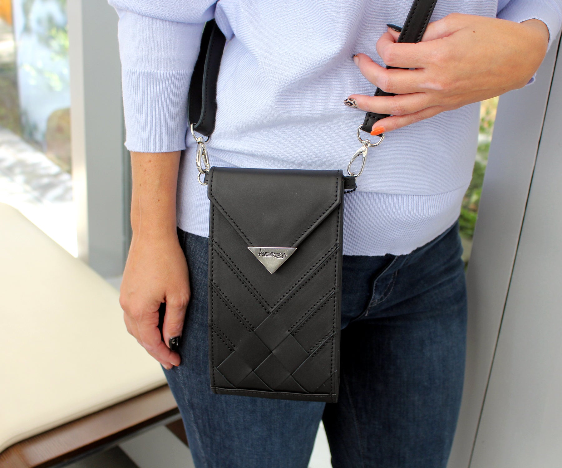 Criss-Cross Genuine Leather Matte Black Crossbody Handbag