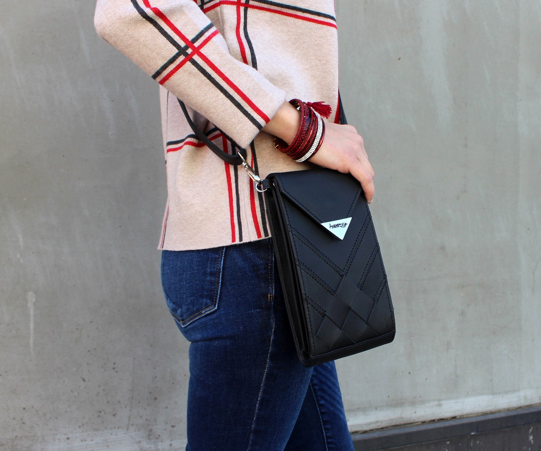 Criss-Cross Genuine Leather Matte Black Crossbody Handbag