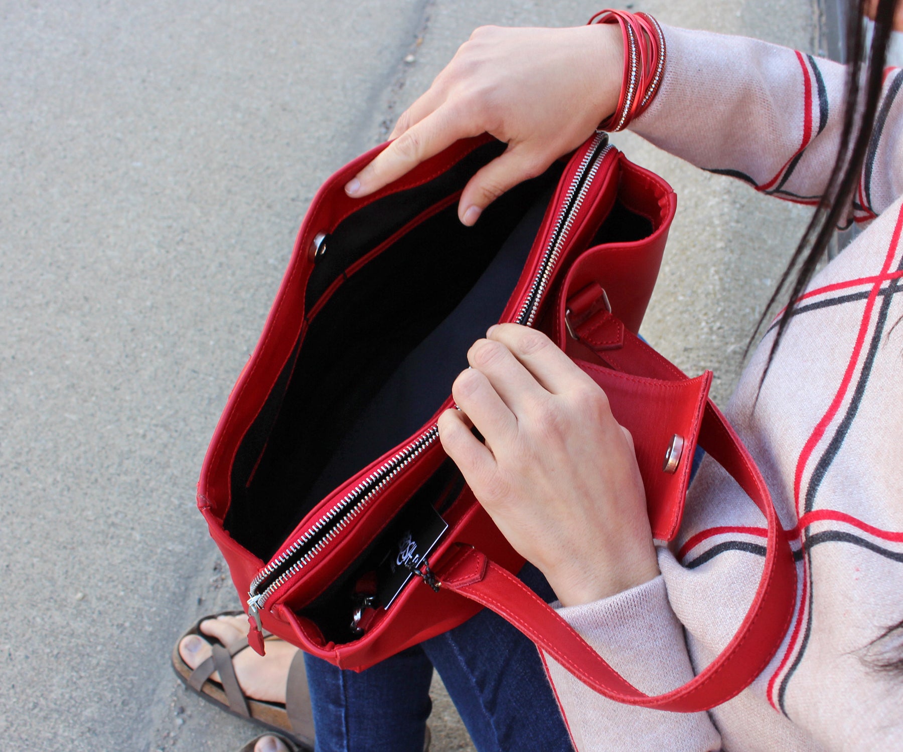 Criss-Cross Genuine Leather Lipstick Red Satchel