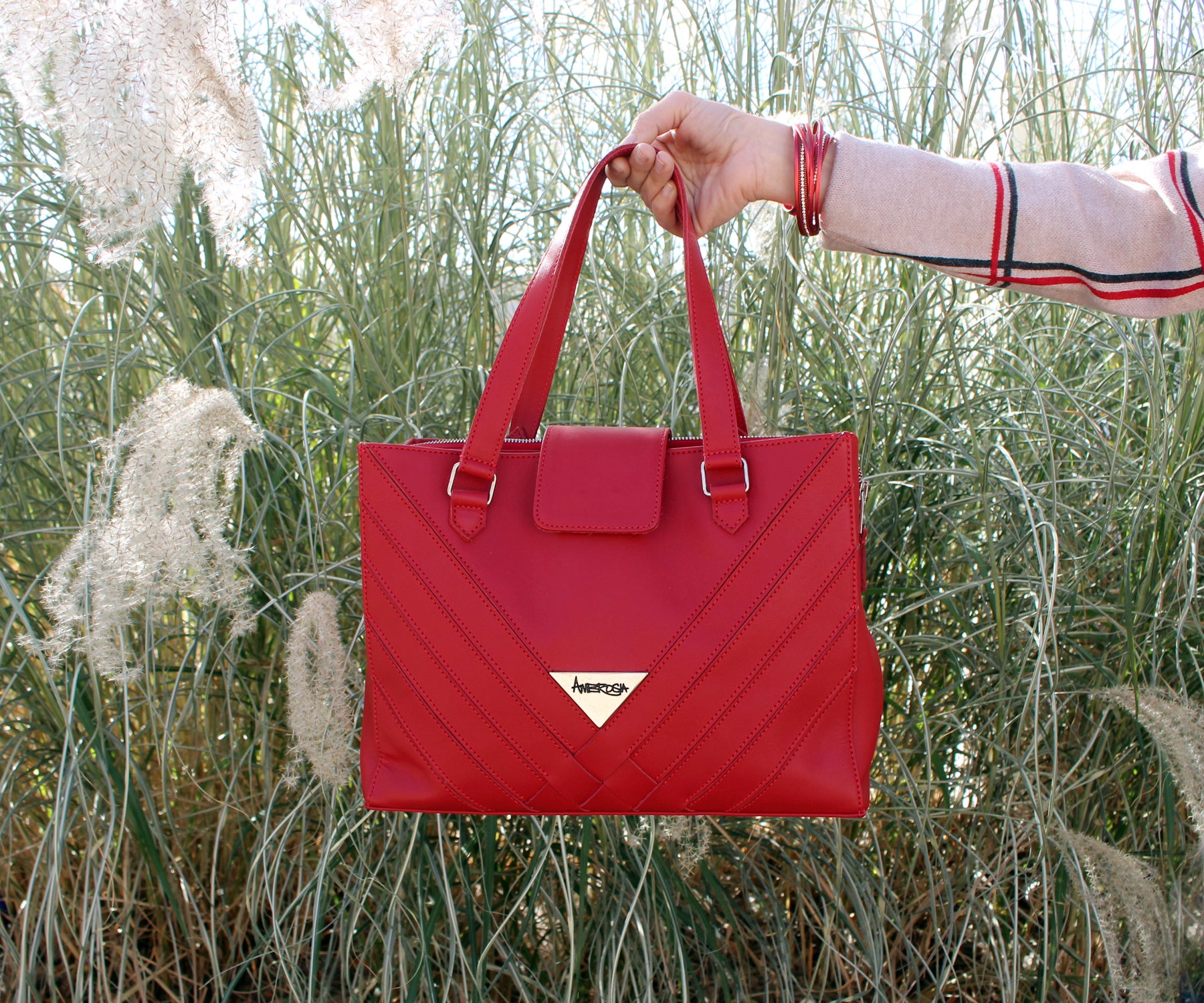 Criss-Cross Genuine Leather Lipstick Red Satchel